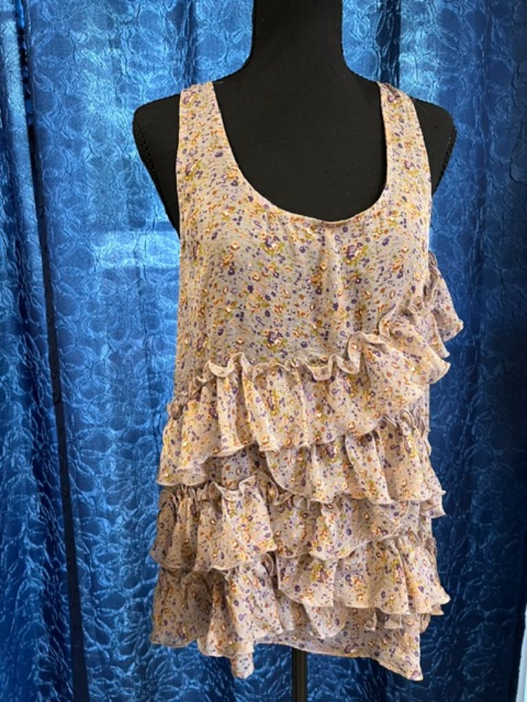Dmbm Sheer Floral Top Purple Toned Delicate Ruffles Scoop Neck Razor Back Size L